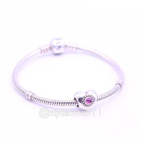 Authentic PANDORA Treasured Heart Charm with Pink Rhodolite - Picture 5 of 11